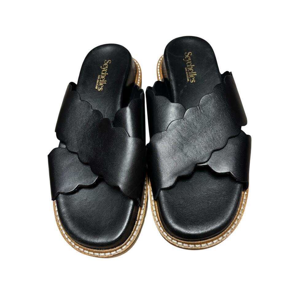 Seychelles Women's Woodstock Slide Sandal Sz 6.5 Black Slip On Scalloped Casual
